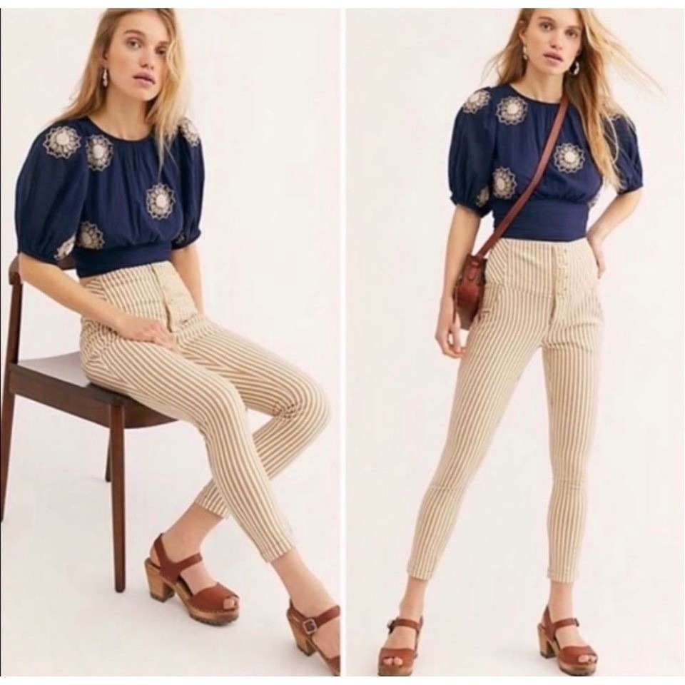 Free People Frankie Tan White Striped High Rise Button Fly Skinny Pants Size 0